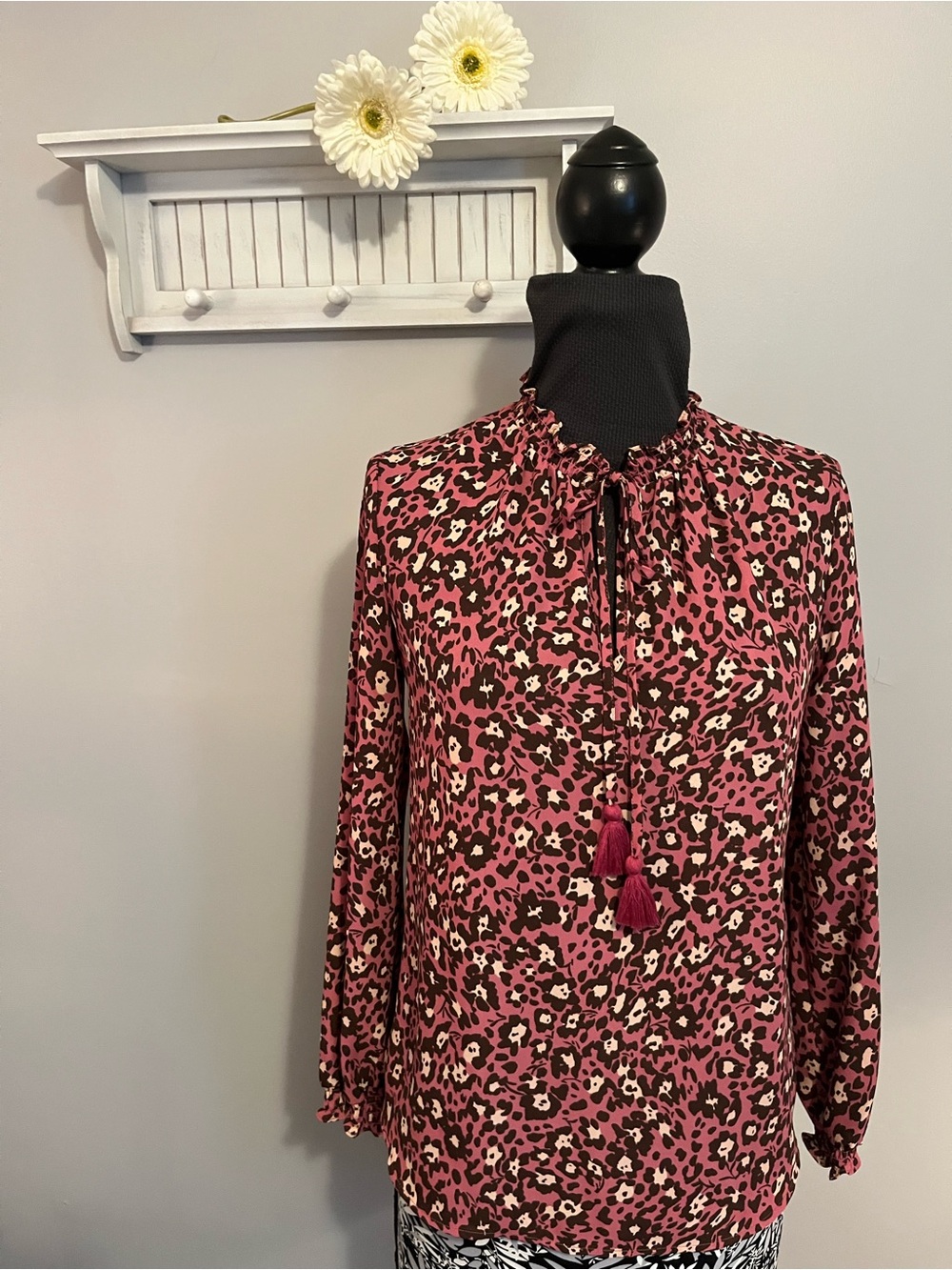 Nanette Lepore Pink Leopard Tassel Tie-Neck Blouse EUC